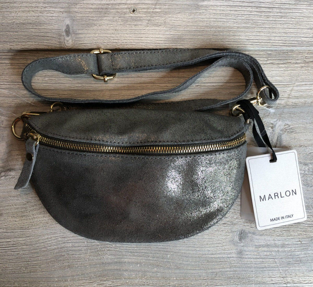 MARLON Italy Sling Bag Waist bag Leather Crossbody Purse Almond Glossy Glitter